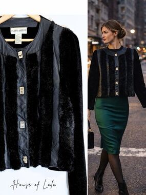 90s Vintage Faux Fur & Leather Panel Jacket – Black Evening Statement Piece